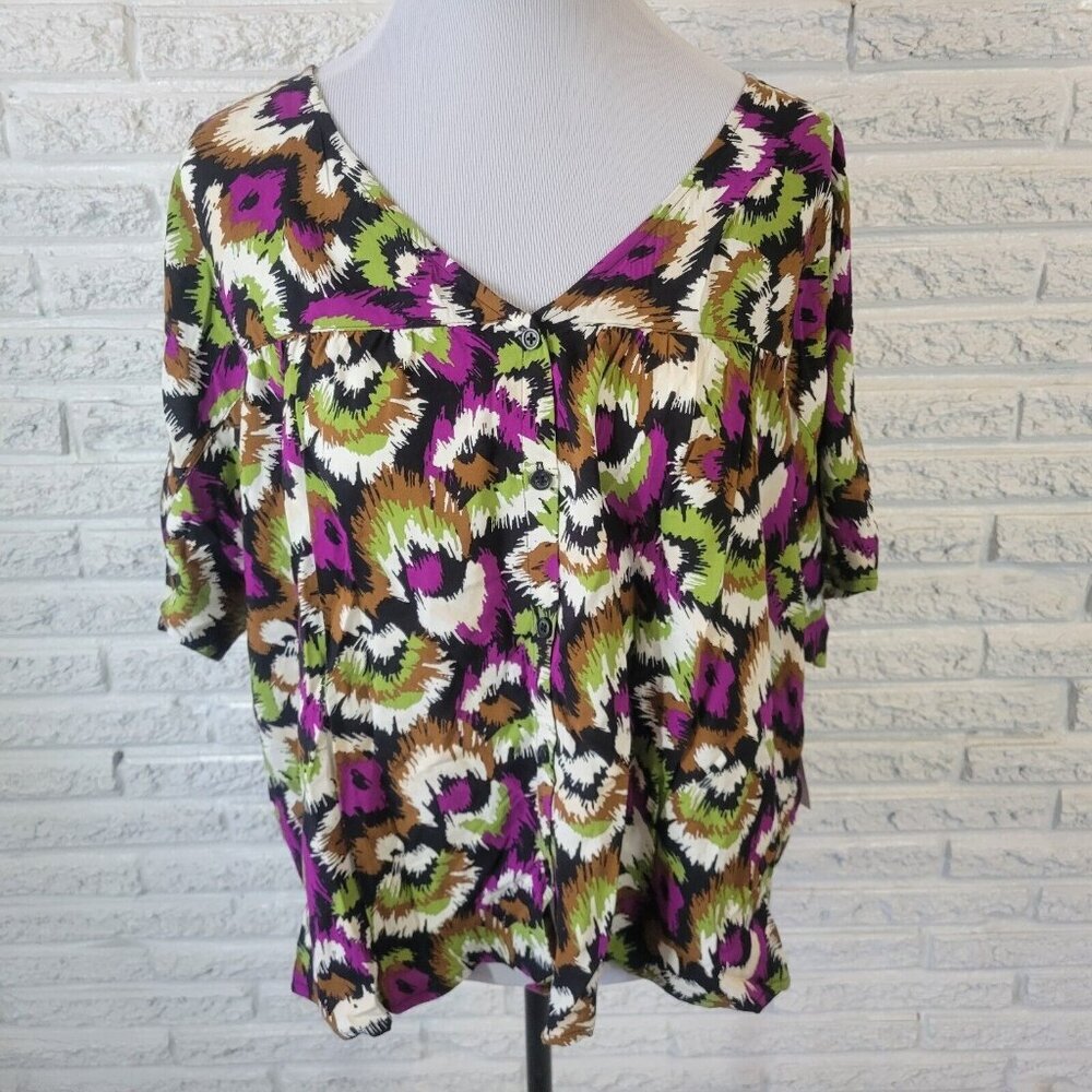 Terra & Sky Plus 1X Purple Brown Watercolor V-Neck Button-Up Top Rayon WAT143XE